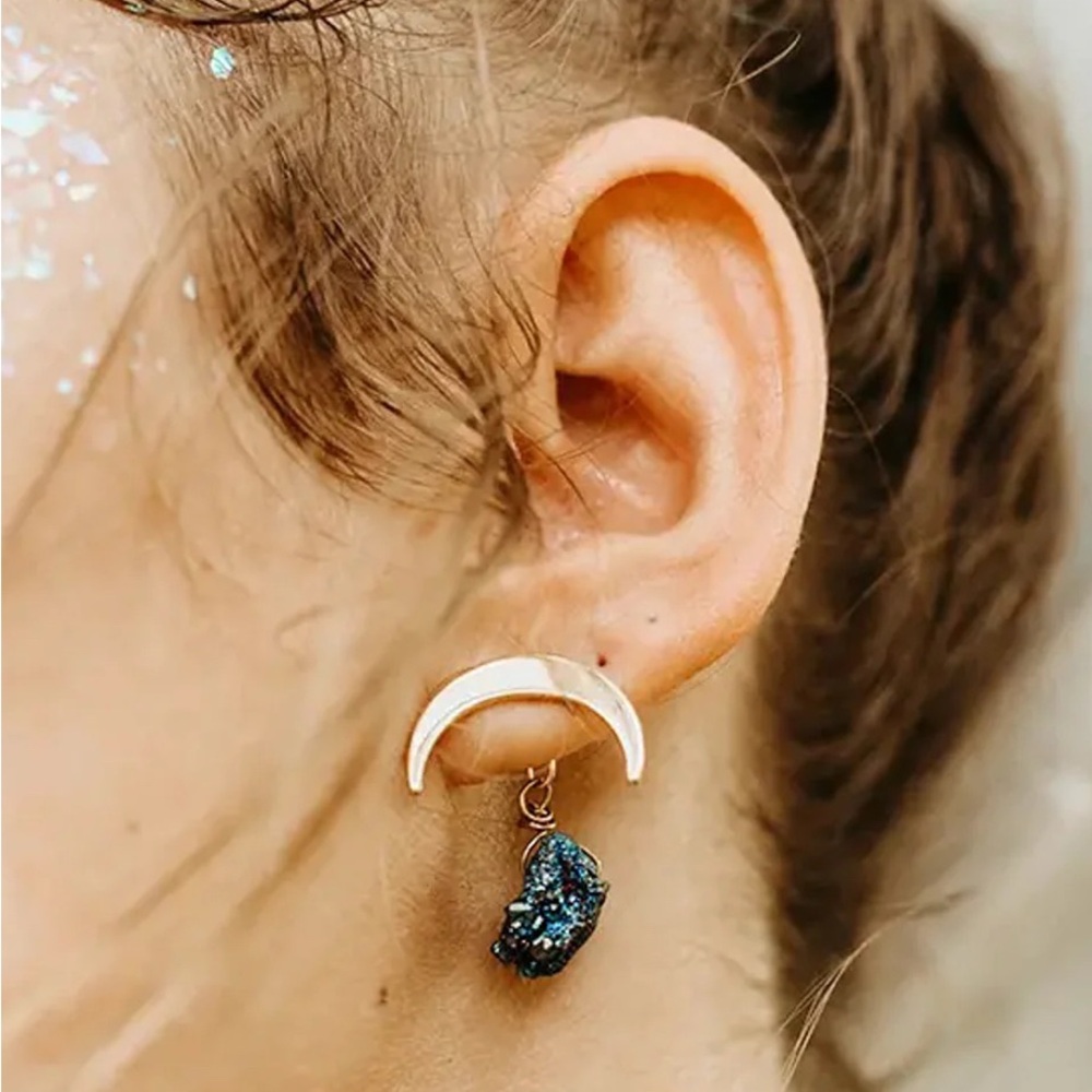 Blue and Gold Crescent Drop Earrings